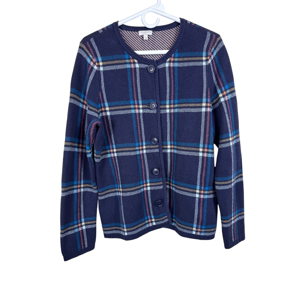 Talbots Women's Blue Plaid Button Front Cardigan Sweater Women Size Large